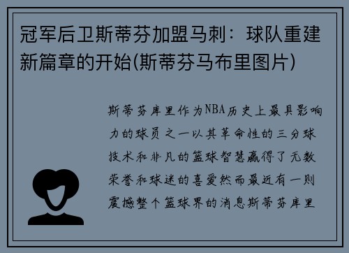 冠军后卫斯蒂芬加盟马刺：球队重建新篇章的开始(斯蒂芬马布里图片)