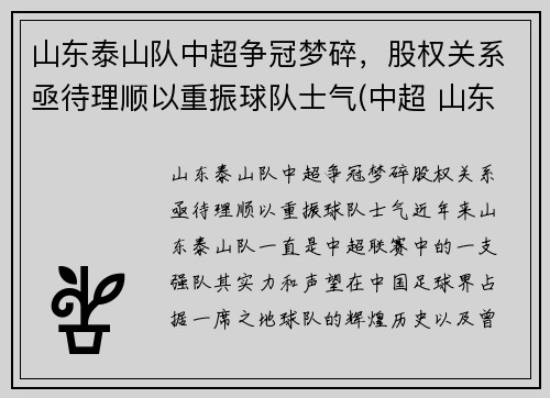 山东泰山队中超争冠梦碎，股权关系亟待理顺以重振球队士气(中超 山东泰山)