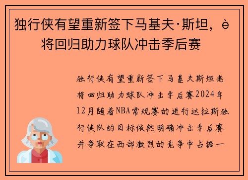 独行侠有望重新签下马基夫·斯坦，老将回归助力球队冲击季后赛