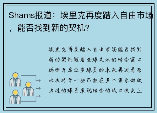 Shams报道：埃里克再度踏入自由市场，能否找到新的契机？