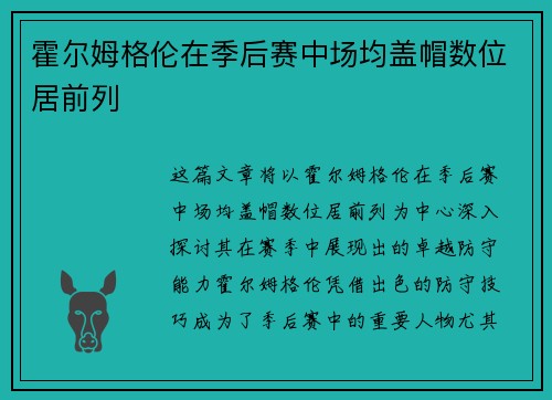 霍尔姆格伦在季后赛中场均盖帽数位居前列
